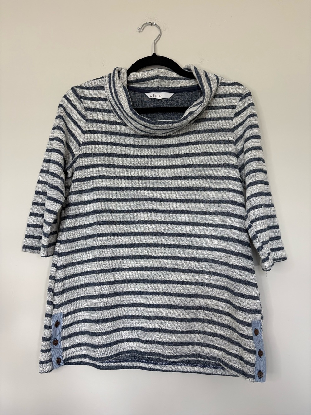 Cleo Cowl Neck 3/4 Sleeve Shirt Size S Striped Button Detail Cozy Casual